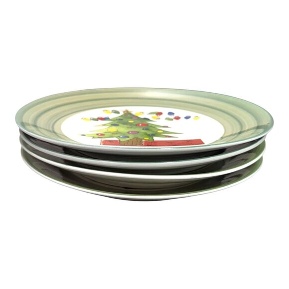 Set Of 4 Christmas Swirl Tabletops Unlimited Plates 9" Green Holiday Tree - Picture 4 of 5